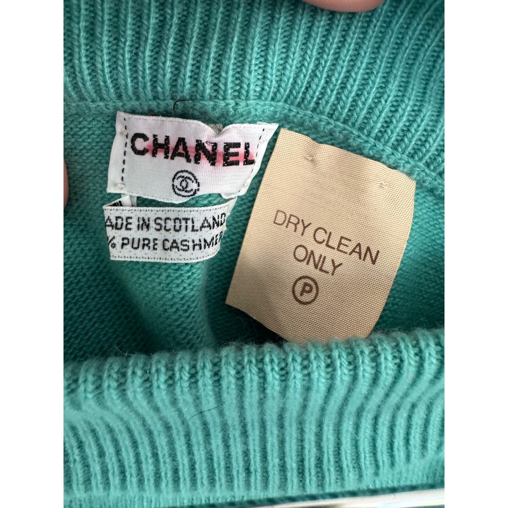 Chanel Vintage Cashmere Skirt Suit Teal Green Gold CC Buttons Scotland Sz 8 10 - Picture 13 of 13